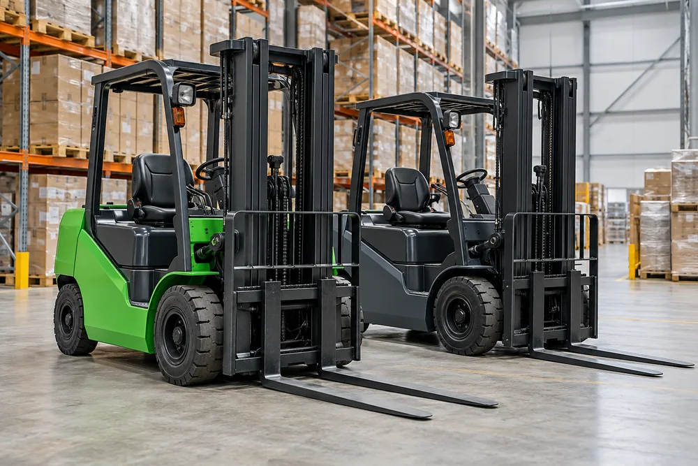 Two forklift trucks parked in an orderly distribution warehouse